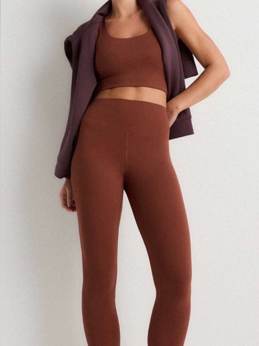 Quince Chestnut Brown High-Rise Ribbed Leggings and top
